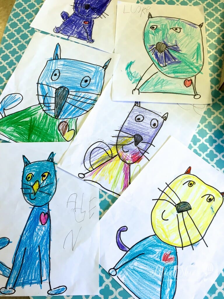 Pete the cat directed drawing First Grade Blue Skies
